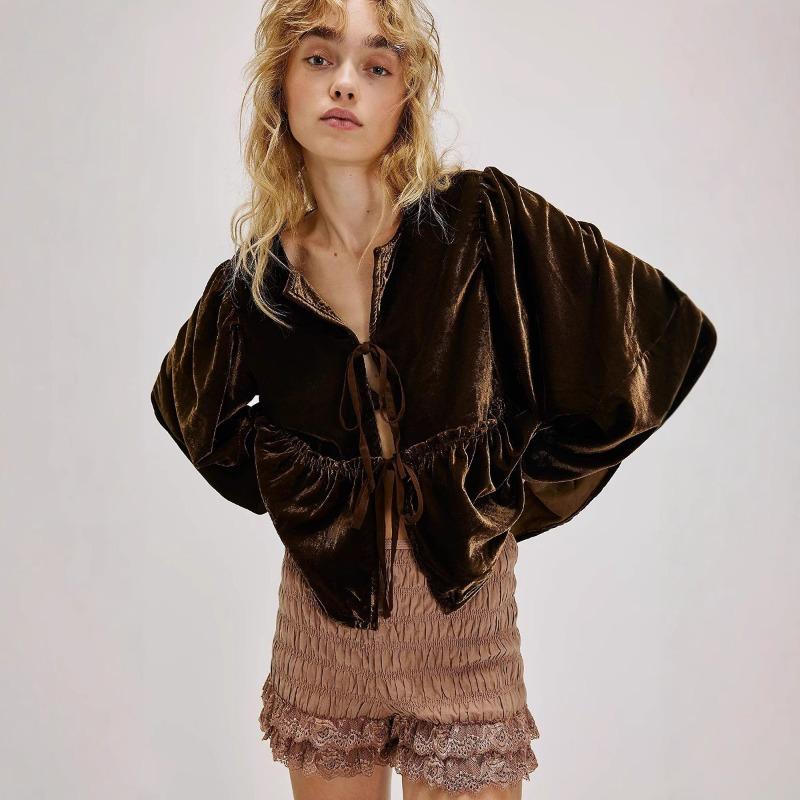 Женская бархатная рубашка Новая женская милая повседневная рубашка с галстуком