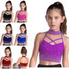 Kids Gymnastics Top Halter Sleeveless with Sparkling Rhinestones Cross Front Backless Dance Wear Costume