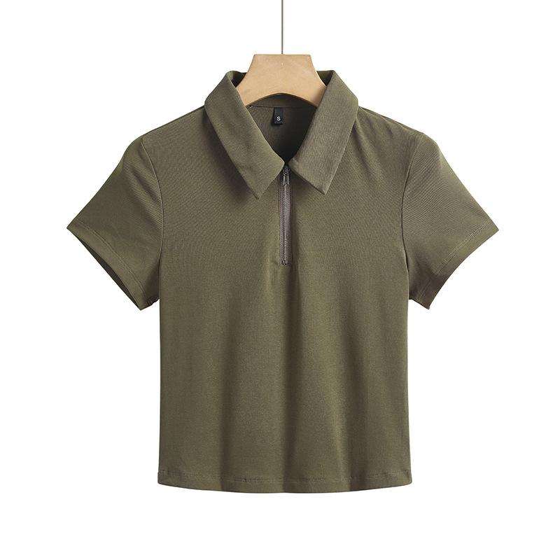 Женская короткая футболка облегающего кроя с застежкой-молнией и лацканами из эластичного хлопка, удобная и модная, с короткими рукавами