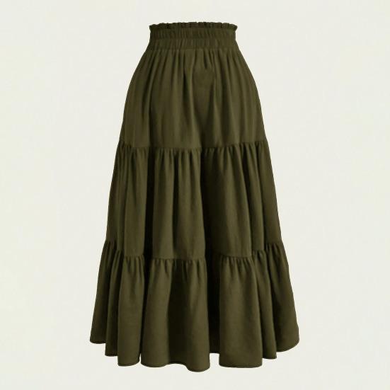 Bohemian Style Women Skirt Elastic High Waist Adjustable Drawstring Cake Skirt Solid Color A-Line Summer Skirt