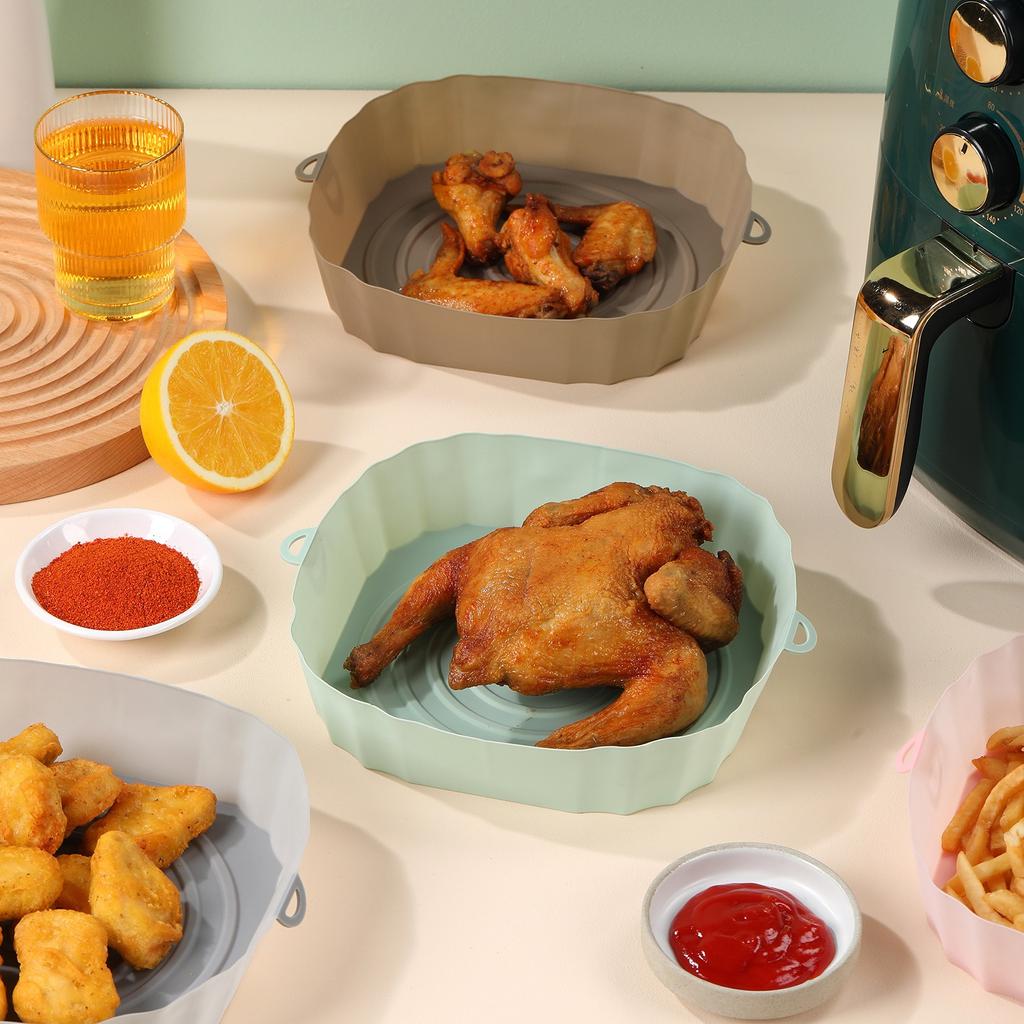 Silicone Tray For Air Fryer Oven Baking Tray With Handle Fried Chicken Pizza Mat Without Oil Silicone Pot Airfryer Accessories