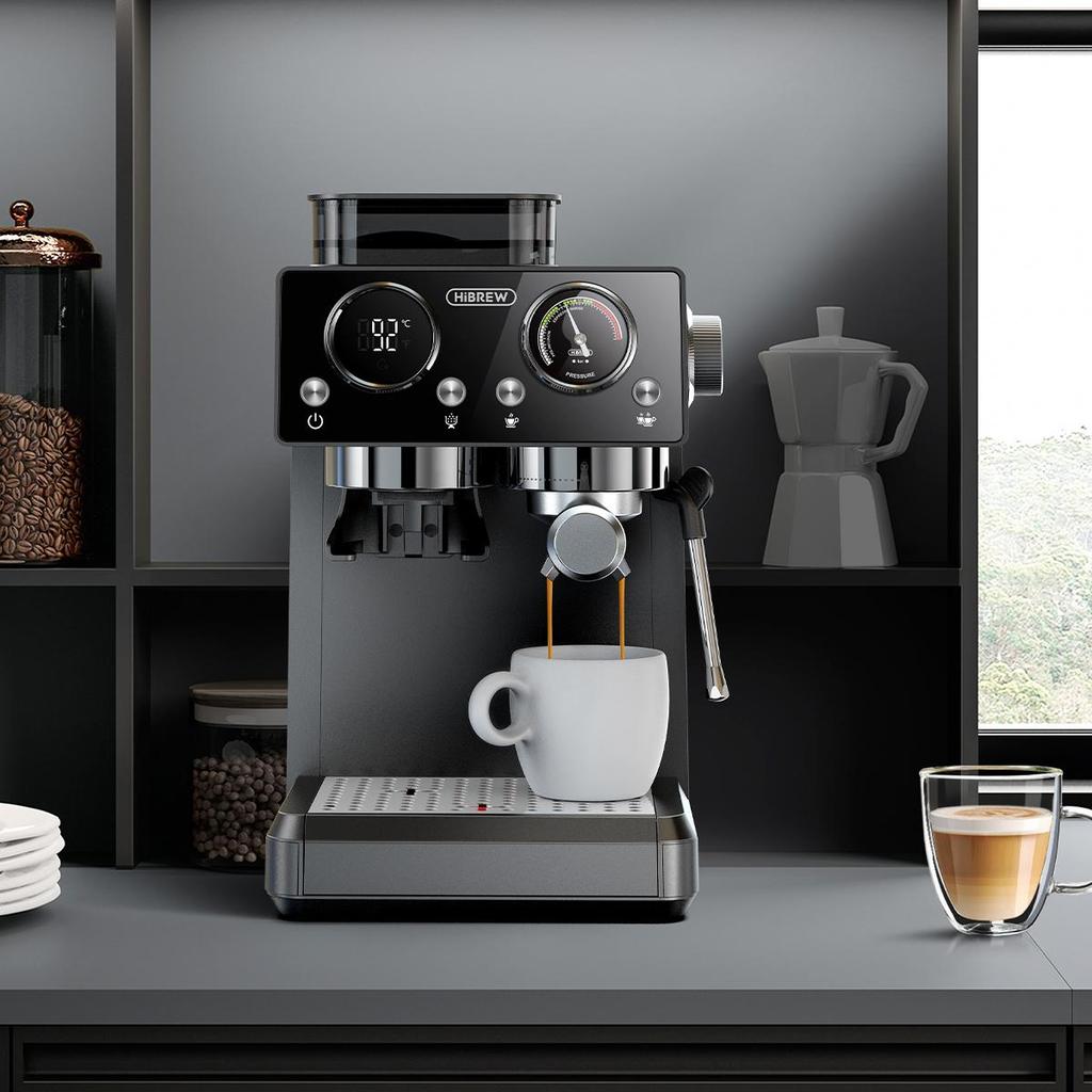 HIBREW H20 Espresso Coffee Machine 1350W 20Bar with Built-in Grinder Milk Frother, 20-Level Grind Adjustment,1.8L Water Tank
