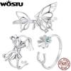 Original 925 Sterling Silver Adjustable Hollowed Butterfly Opening Ring Four Leaf Clover Finger Rings For Women Lucky Gift