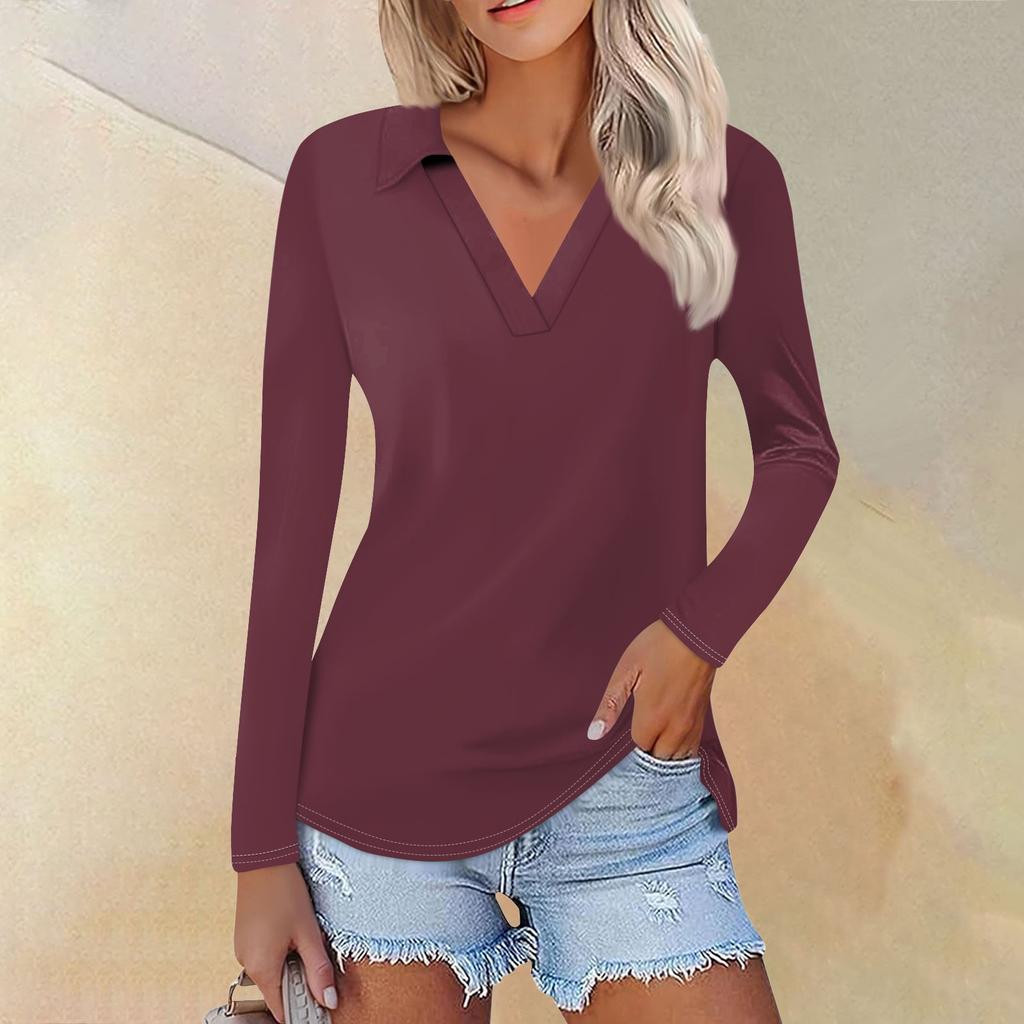 Женская летняя модная повседневная однотонная рубашка с v-образным вырезом и длинным рукавом с принтом, топ