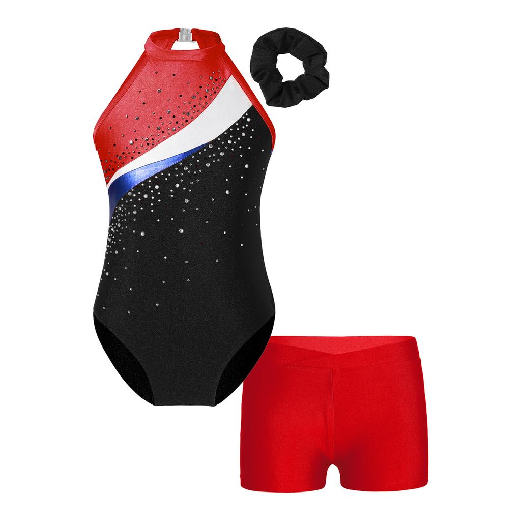 Girls Sleeveless Rhinestones Patchwork Leotard Hair Band V Front Waistband Shorts Dance Gymnastics Set