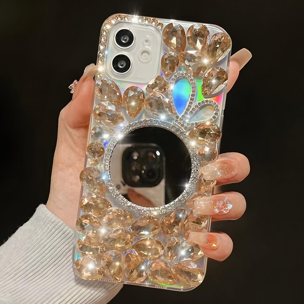 Glitter Crystal Rhinestone Phone Case with Mirror, Clear Bling Floral Cover For XiaoMi Poco C75 C65 C71 C55 C61 4G 5G