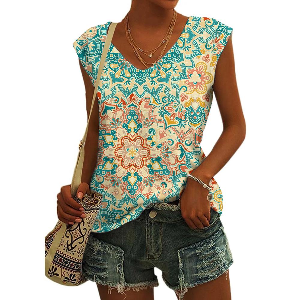 Летний винтажный цветочный тотем 3D принт майки женские уличные свободные V-образный вырез жилет без рукавов с открытыми плечами женская майка