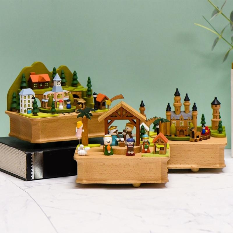 Music Box with Rotating Train Castles Nativity Scene Designs with Melodies Mechanism Musical Box Desktop Ornament