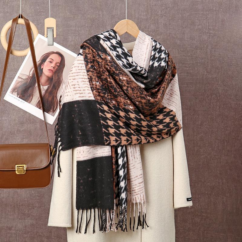Autumn and Winter New Imitation Cashmere Long Scarf Retro Geometric Square Scarf Warm High-end Fringed Women's Shawl