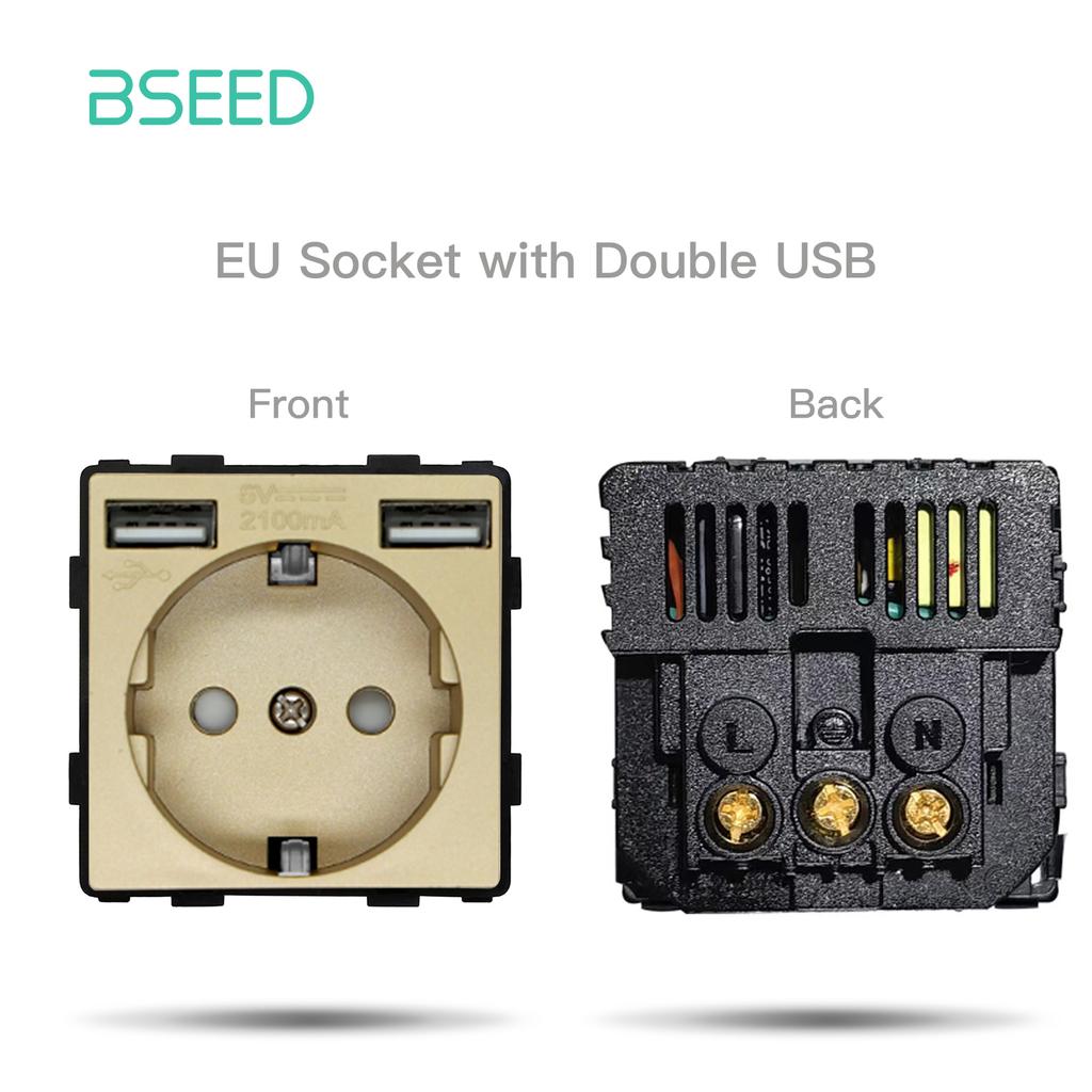 BSEED DIY EU Standard TV Satellite USB Sockets Button Switches With Crystal Glass Frame Panel Gold Home Improvement DIY Free
