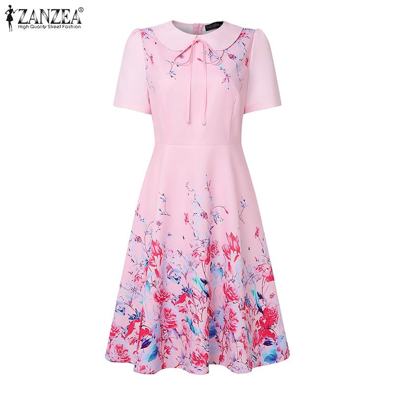 ZANZEA Женское летнее повседневное платье с принтом и коротким рукавом и кукольным воротником