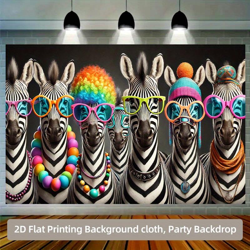 Zebra Party Animal Funny Glasses Rainbow Wig Beads Necklace Quirky Art Print Tapestry Wall Hanging Decor 2D Flat BackgroundCloth