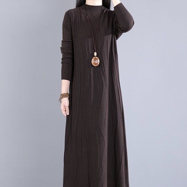 Ретро Художественное Вязаное Платье Женское Внутреннее Платье-Свитер Длинный Трикотаж Осень и Зима Длинный Пуловер Повседневный Пуловер