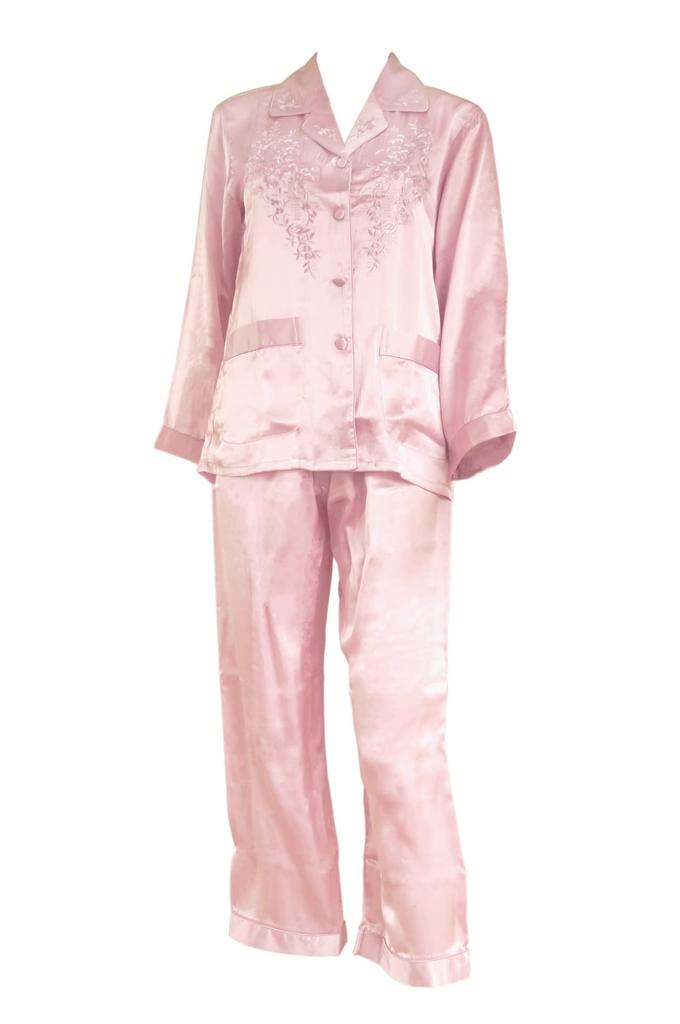 Silk Floral Long Open Top and Bottom Natural Pink 100% Women's Pajamas, Nightwear, Loungewear, Embroidered, Sleeves, Front, Set, Materials, (L)
