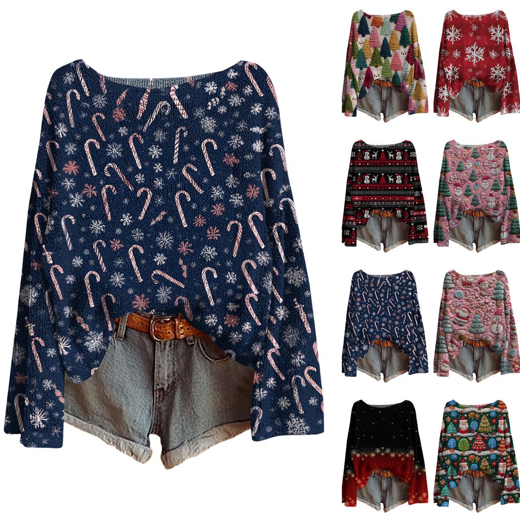 Women's Christmas Print Lightweight Sweater Casual Long Sleeve Knitted Pullover