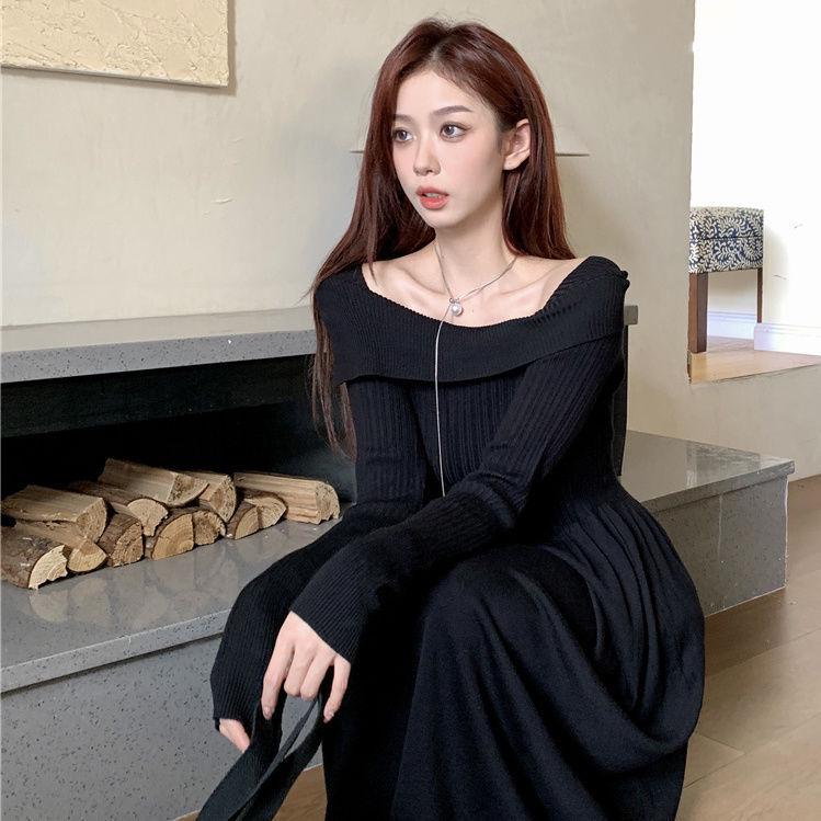 Женское французское трикотажное платье-свитер с длинным рукавом на одно плечо, приталенный осенне-зимний стиль