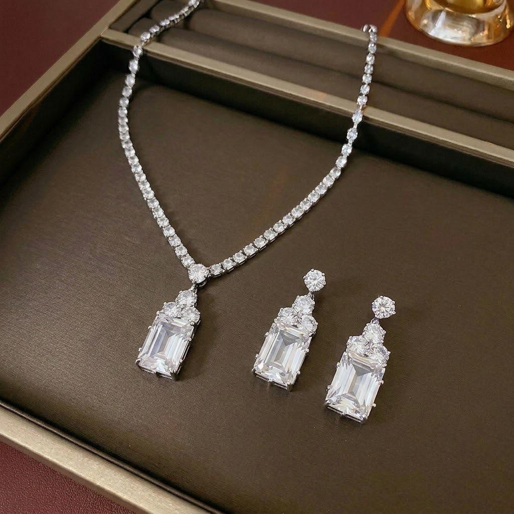 Set Fashion Trend: Zircon Earrings & Square Necklace Jewelry