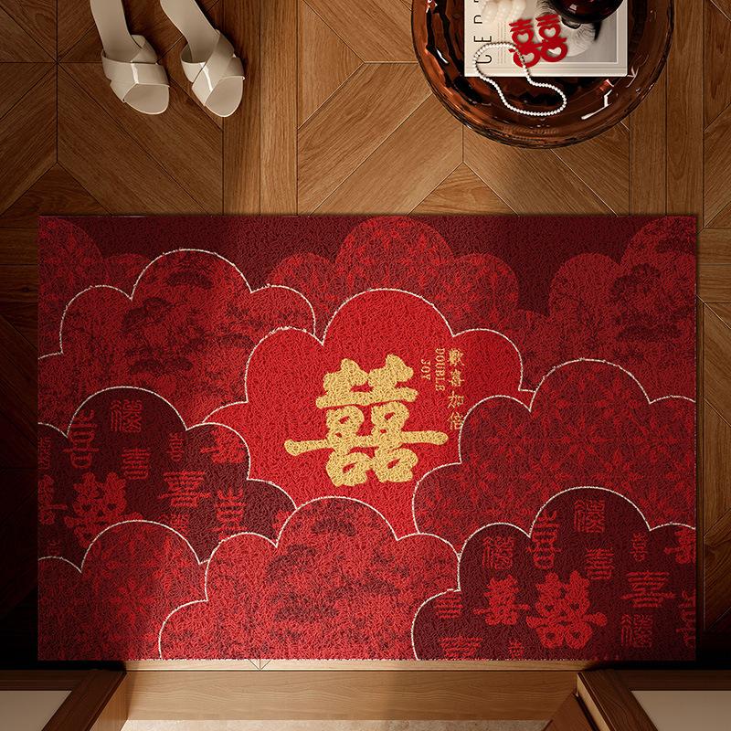 Wedding Entrance Door Floor Mat Red Festive Wedding Room Arrangement Foot Mat Entering The Door Rubbing Soil Silk Ring Door Mat Non-Slip Can Be Cut