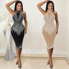 Women Elegant Sleeveless Off Shoulder Rhinestone Halter Bridal Midi Long Dress Host Wedding Bride Bridesmaids Party Gowns