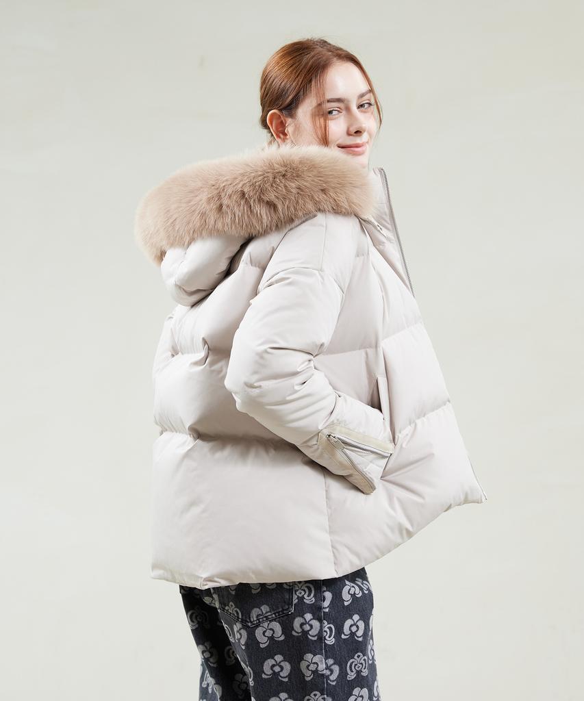 YUJEEOT Fox Fur Goose Down Jumper Beige
