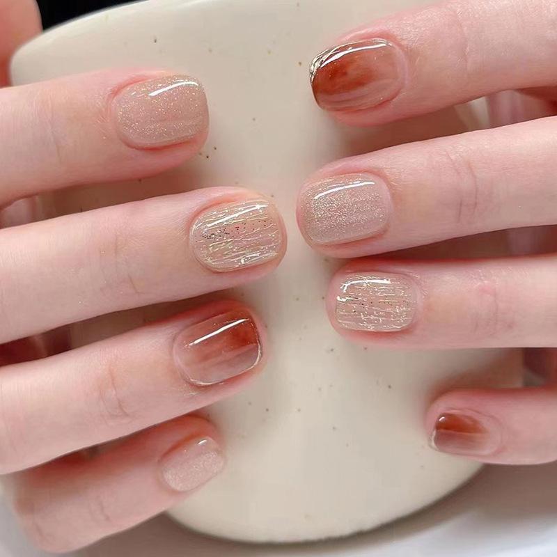 24Pcs Short Square 3D Gilded Red Heart Press On Nails Reusable Full Cover False Nail Tips