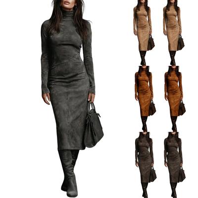 Женское плиссированное бархатное супердлинное платье с длинным рукавом и высоким воротом, облегающее длинное платье, модное однотонное платье