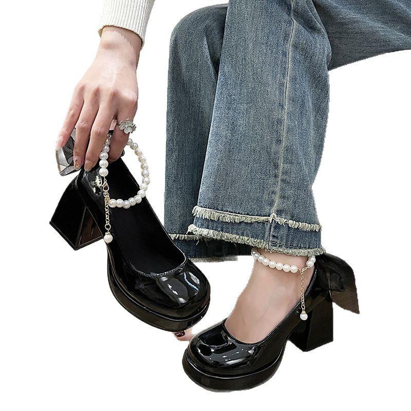 Французские туфли Мэри Джейн, женские, лето 2025, новые босоножки на толстом каблуке с жемчужным бантом, маленькие кожаные туфли в стиле феи