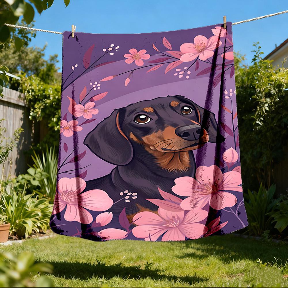 1pc Dachshund Floral Print Outdoor Flannel Blanket , Machine Washable Perfect Gift for Birthday , Holiday Travel Accessory , Durable Material