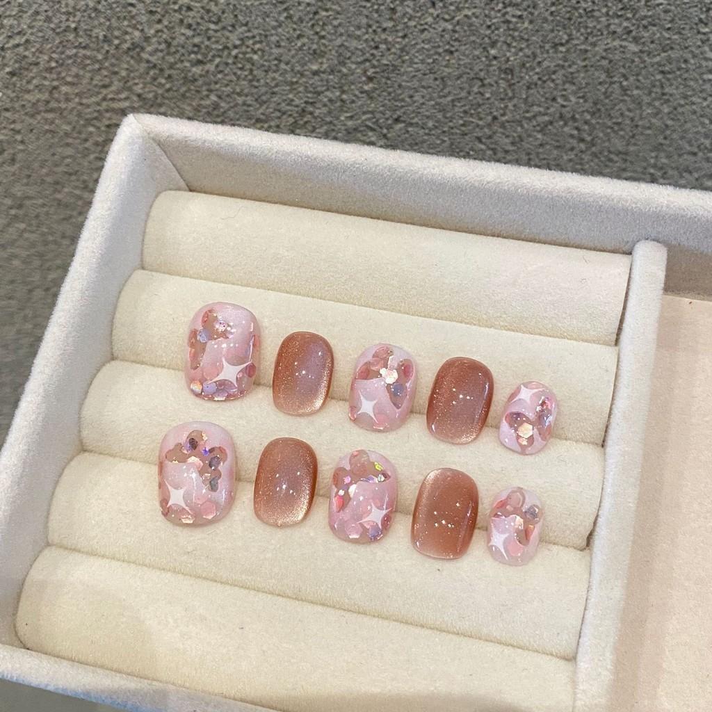 100% РУЧНАЯ РАБОТА Короткие круглые накладные ногти с клеем Короткие акриловые накладные ногти в форме бабочки Авроры Пресс на искусственных ногтях Многоразовые ногти