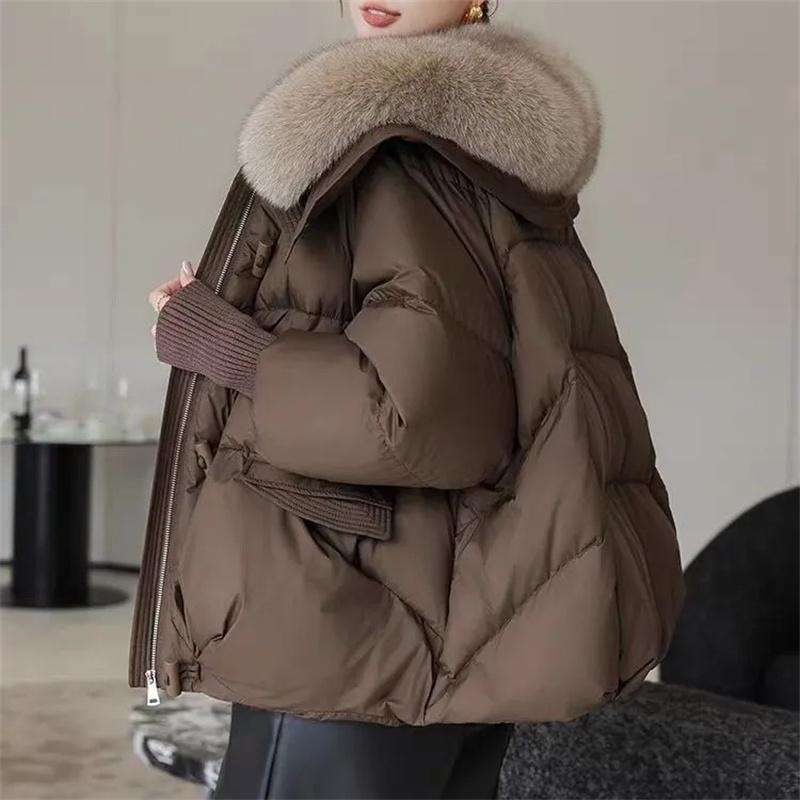 Зимнее женское теплое пальто с толстым меховым воротником, короткая куртка из хлопка, свободная верхняя одежда, однотонные повседневные женские парки, пальто