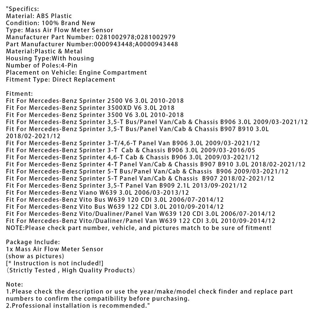 Датчик расходомера воздуха для Mercedes Sprinter 2500 3500 3.0L V6 0281002978
