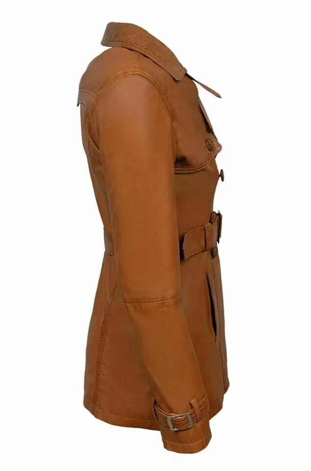 Женский тренчкот HOT Brown Leather Handmade Lambskin Натуральная стильная одежда Мягкая