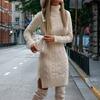 Fall Winter Sweater Dress High Collar Neck Protection Slim Fit Slit Hem Short Dress Long Sleeves Knitted Twisted Texture Dating Commuting Mini Dress