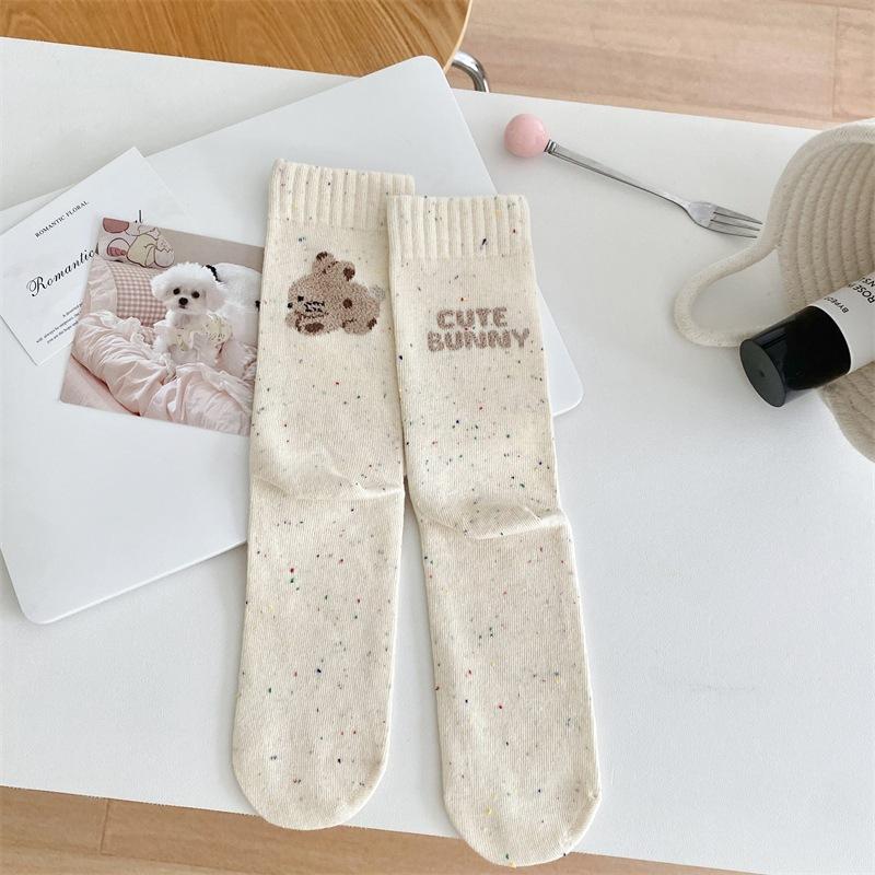Cartoon Animal AB Letter Flocked Socks, Women's Dot Yarn Pile Socks, Pure Cotton Mid-calf Socks