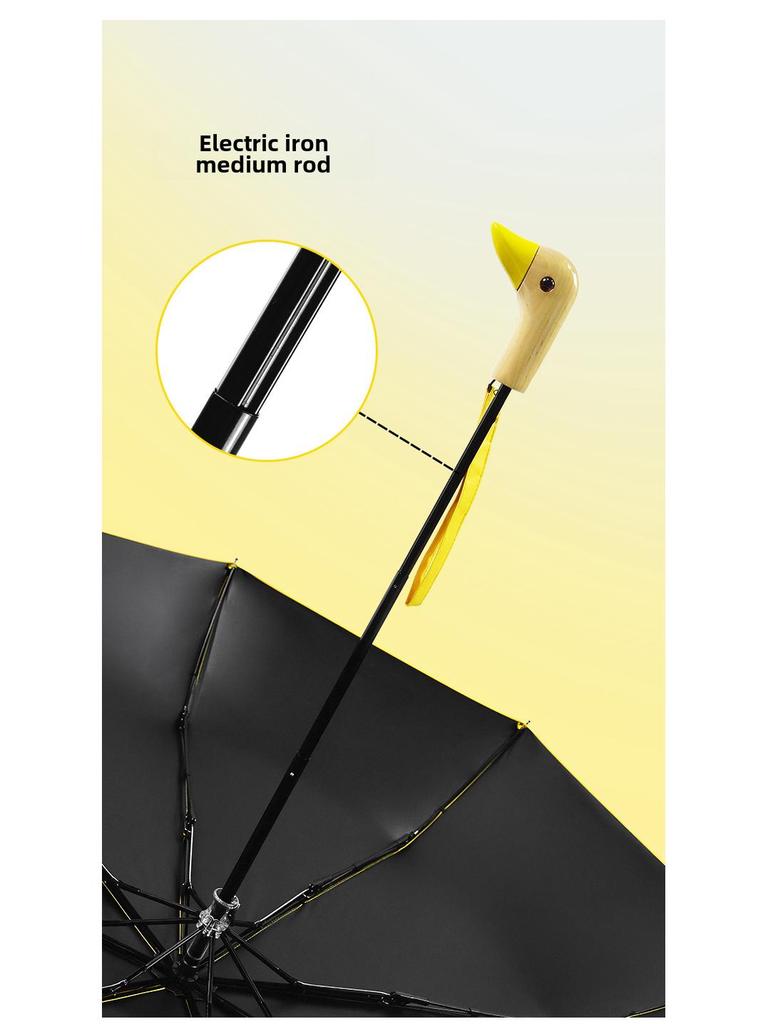 Зонт «Утиная голова» с тремя сгибами: Креативная деревянная ручка, двойное назначение: для солнца и дождя, милый дизайн в виде черной утки для женщин