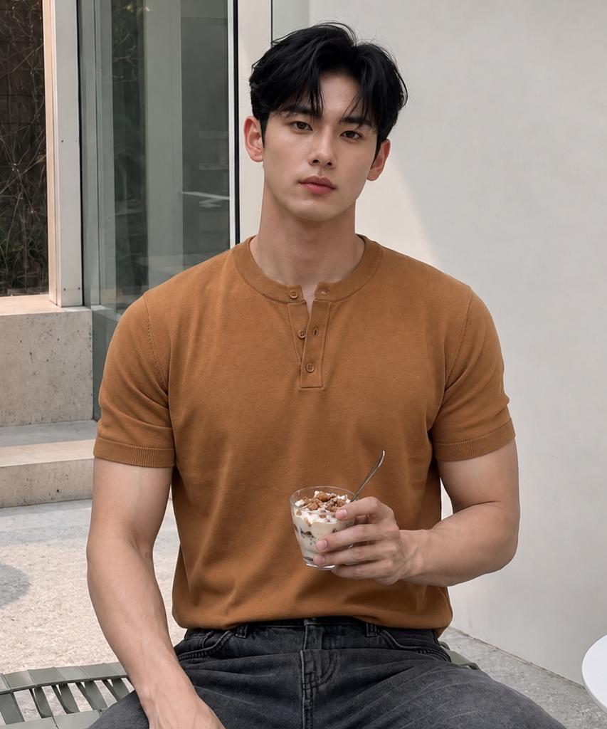 HERVINO Modern Henley Neck Muscle Fit Short Sleeve Knit [Camel]
