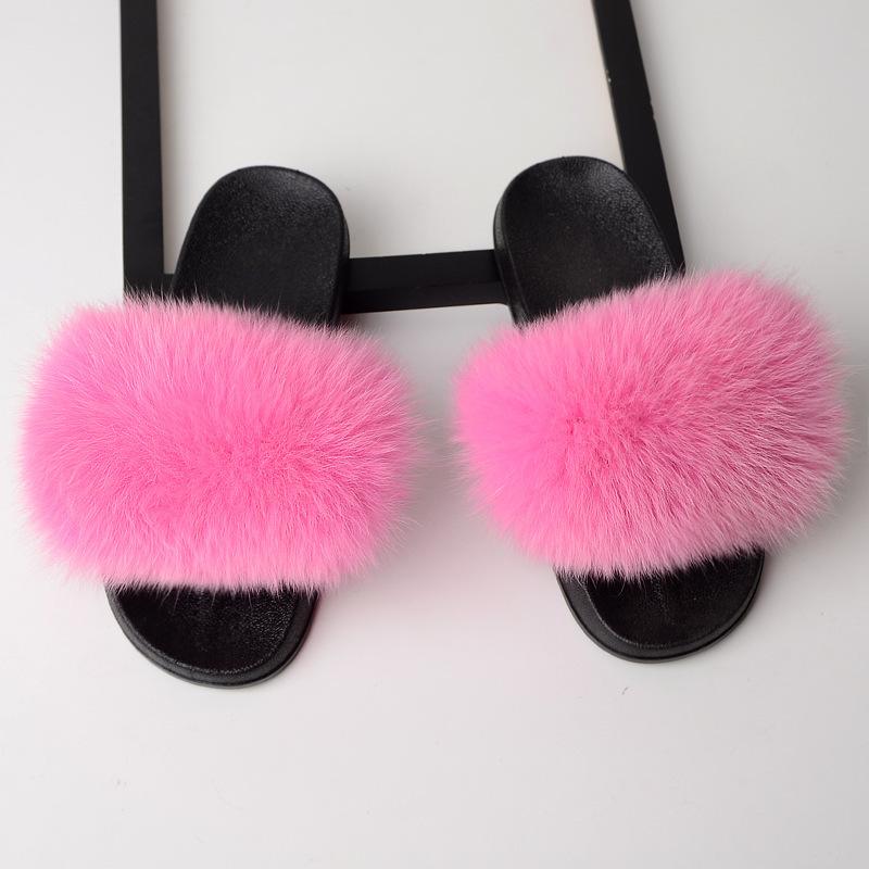 Furry Slippers for Women The Same Style In Summer Real Fox Fur Slippers Plus Size Female Sandals