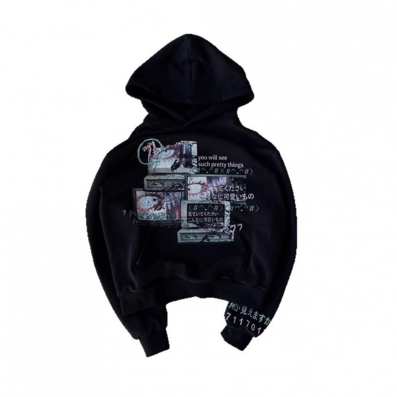 Dark Print Hoodie Long Sleeve Pullover Streetwear Y2K Top Women