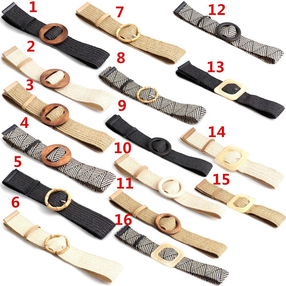 Summer Wide Bohemian Waistbelt Straw Belt Wooden Buckle Elastic