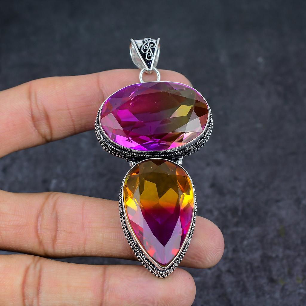 Natural Bi-Color Tourmaline 925 Sterling Silver Jewelry Pendant 3.31" E0b20