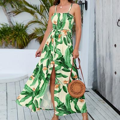 Женское летнее пляжное пляжное платье в богемном стиле с разрезом листьев и принтом цельное платье