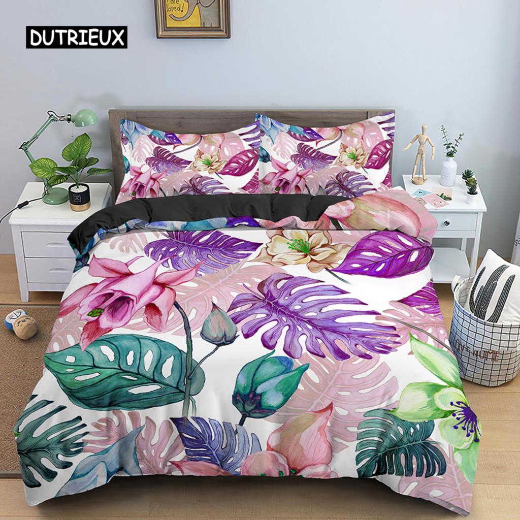 Пододеяльник с цветами King Queen, 3D-цветной цветочный принт, комплект постельного белья из полиэстера для подростков, взрослых, женщин, мягкий пододеяльник с листьями