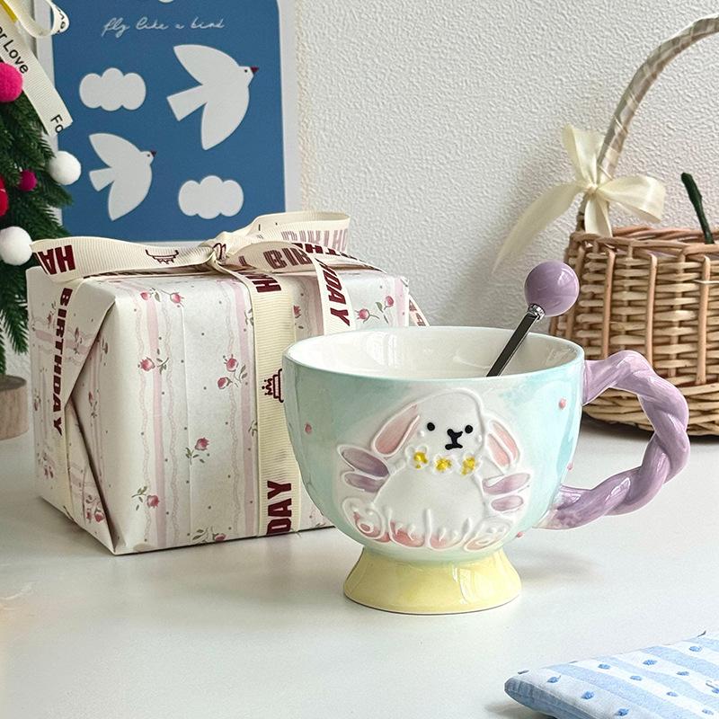 Милая керамическая кружка с тиснением в виде кролика, подглазурная цветная чаша, офисная чашка для молока и завтрака, подарок на день рождения для женщин
