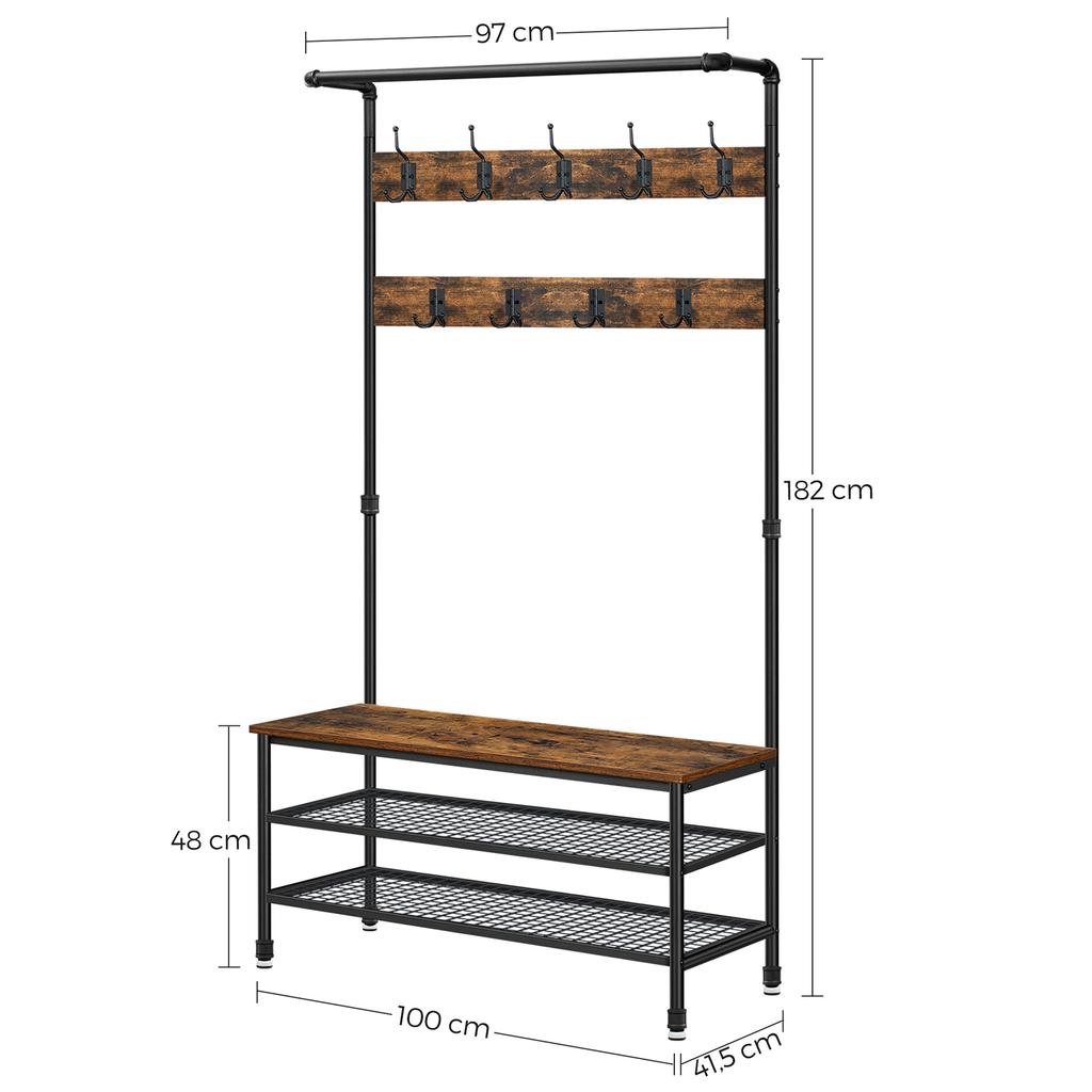 VASAGLE Coat Rack Stand, Large Coat Tree with 9 Hooks and Shoe Rack, Industrial Style, Multifunctional Hall Tree, Sturdy Steel Frame