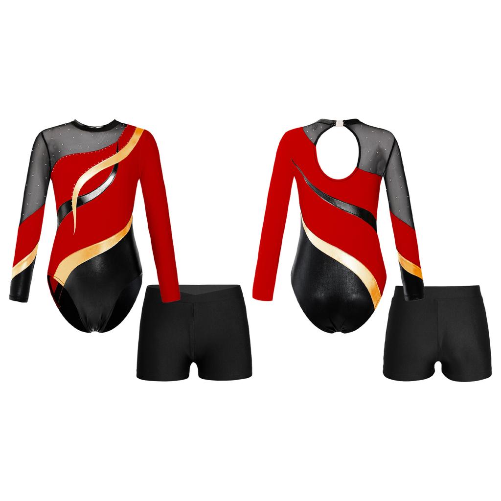 Kids Girls Gymnastics Leotard Glitter Bodysuit Long Sleeve Shiny Rhinestones Decorated Jersey with Shorts Dance Costume