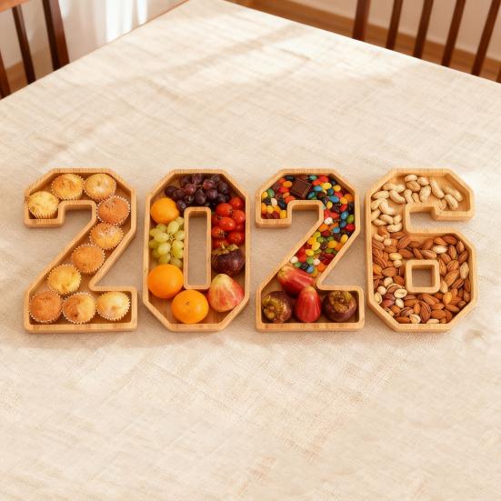 4 шт./набор Заполняемые числовые коробки 2026 Деревянные доски для закусок Многоразовые сервировочные подносы Фрукты Кексы Блюда Тарелки Украшение для вечеринки