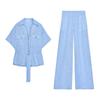 Lapel Curling Short sleeve Linen Blend Travel Hunting Shirts 2273996 High Waist Wide Leg Pants 2116996