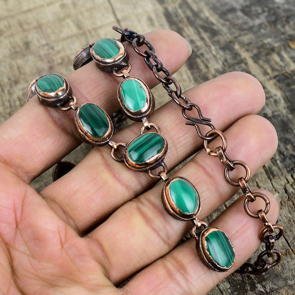 Ожерелье из малахита, ожерелье из электроформированной меди, уникальное украшение, ожерелье с регулируемой цепочкой, медное украшение ручной работы, подарки на годовщину