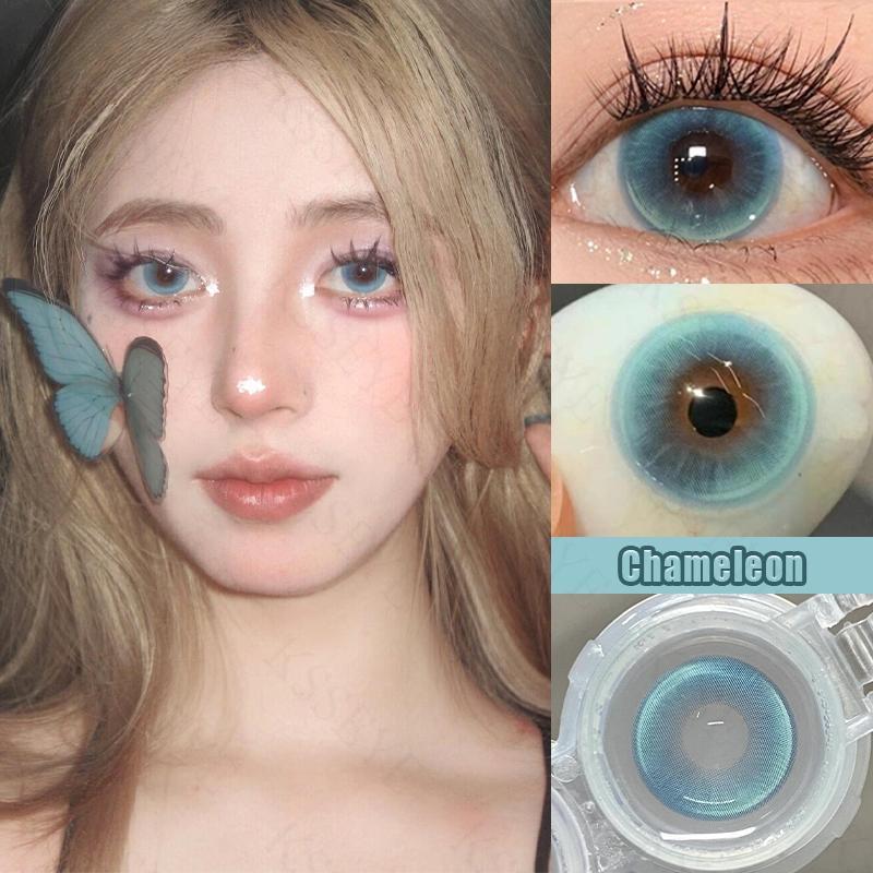 2pcs Colored Contact Lens Yearly Blue Green Dia:14.5MM Myopia Lenses Prescription Soft Lens Grade Eye Makeup Cosplay Contact Lens Big Doll Eye