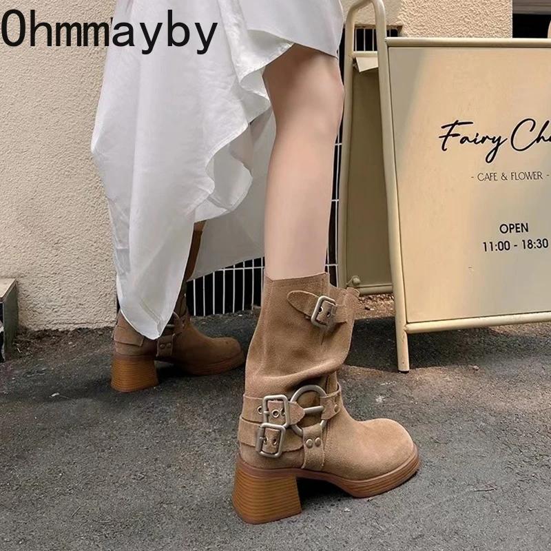 Fashion Square High Heel Women Western Cowgirl Boots Fashion Belt Buckle Slip On Shoes Retro Style Autumn Winter Ladies Mid Calf Booties